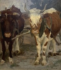 Ölgemälde 19. Jh. Max Edler von Poosch 1872-1968 Wien Kuh Ochsen Bauer dat. 1897