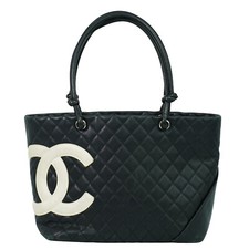 CHANEL Cambon Line CC Mark Leather Tote Handtasche Black Silver