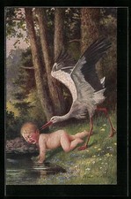Künstler-AK Arno von Riesen: Baby flüchtet vor dem Storch-Ich will nicht 