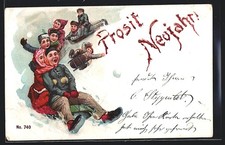 Lithographie Kinder auf der Rodelbahn, Schlitten 1903 