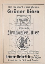 Grüner Biere Zirndorfer Bier Werbeanzeige von 1937 Brauerei Bier Fürth Zirndorf