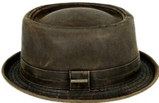 Herren Pork Pie Hut Kunstleder Used Look Trilby Fedora Gangster Braun Jungen
