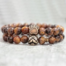Armband 2er Set Unisex Bulldogge Hund Pfote Tigerauge Stein Perlen Flexibel Gold