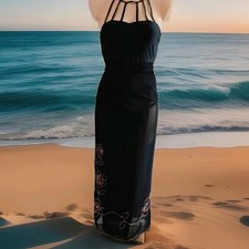 Damen Chiffon schwarz Blumenstickerei kupfer Pareo Bikini Strandtuch Wickelrock