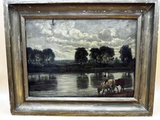 Hans Thoma Leinwandbild Fluss Pferde Repro um 1900 Öloptik signiert gerahmt 51×4