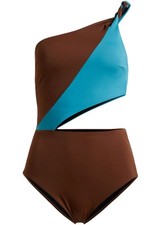 One-Shoulder Badeanzug Gr. 42 Braun Blau Damen Bademode Schwimmanzug Neu