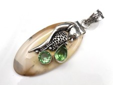 GJ69 GW DEND. OPAL BEIGE "VOGEL" EDELSTEIN SILBER-ANHÄNGER +KETTE / LEDER!