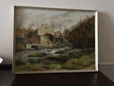 Vintage Original Ölgemälde Hartlington Sägemühle Wasserrad Landschaft gerahmt