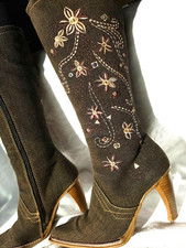 Jeans Braun 36 Denim Stiefel Bestickt 9 cm Stiletto Sommer Damen Schuhen nS14