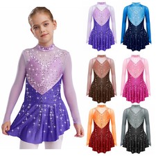 DE Kind Eiskunstlauf Kleid Mädchen Glitzer Ballettkleid Langarm Rollschuhkleid