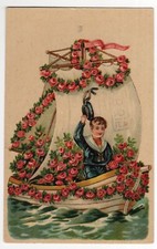 AK Kinder, Prägekarte, Junge im Segelboot mit Rosen