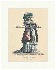 Französische Modedame. Hut Mantel Bordüre Rüschen Rokoko Modekupfer 002