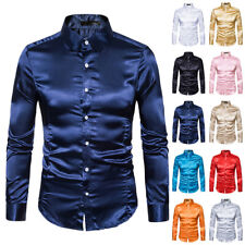 Herren Satin Seide Freizeit Hemd Slim Hochzeit Party Langärmlig Knöpfe Top %