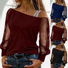 Damen Schulterfrei T-Shirt Langarm Mesh-Ärmel Oberteile Herbst Freizeit Hemd Top