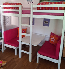 Hoppekids Stockbett Hochbett weiß mit Tisch und Sitzgelegenheit