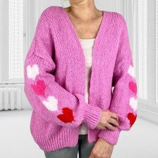 Damen Strickjacke Cardigan Jacke Weste Pullover Pulli Strickcardigan Herzen Pink