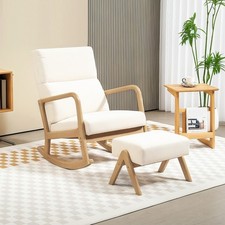 HOMCOM Schaukelstuhl mit Hocker, weiche Polsterung, Holzrahmen, Cremeweiß