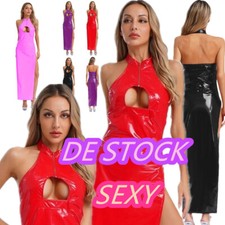 Damen Wetlook Kleid Neckholder Lack Leder Midikleid Cut Out Schlitz Sexy Clubwea