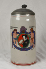 Antiker Jugendstil Bierkrug mit Emaillemalerei wohl Franz Ringer Masskrug stein