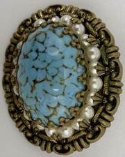 Vintage Brosche, Florenza Stil, altgoldton Kunstperlen Türkis Cabochon Brosche