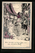 Künstler-AK Handgemalt: Wanderer verabschiedet sich aus einer Stadt 