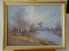 Sehr schönes Gemälde Acryl " Enten im Flug am Seeufer " Bild mit Rahmen signiert