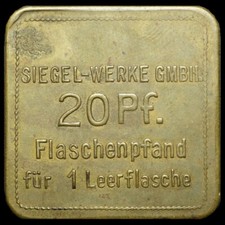 WERTMARKE: 20 Pf. Flaschenpfand. CHEMISCHE FABRIK SIEGEL-WERKE KÖLN am RHEIN.