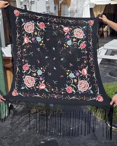 Black silk manton manila - black, shawl