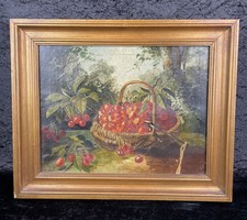 Antikes Ölgemälde Kirschen Kirschkorb Im Wald Um1900 Rarität Öl Auf Leinwand