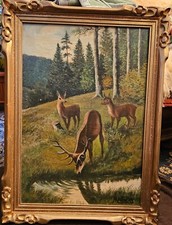 Ölbild Ölgemälde Leinwand Wald Hirsche trinken Wasser  signiert