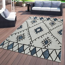 Flachgewebter In- & Outdoor Teppich Ethno Abstraktes Geometrisches Design Blau 