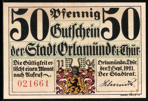 Notgeld orlamünde 1921 - notgeld,