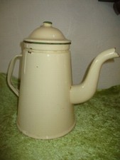 Emaille schöne alte große Kaffeekanne beige-grün 30 cm guter Zustand