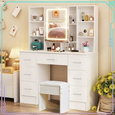 Weißer Schminktisch mit LED-beleuchtetem Spiegel und Hocker Frisiertisch-Set