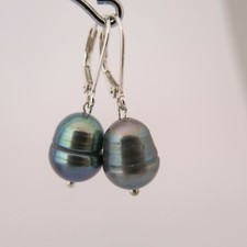 Ohrringe echte Perlen Barock 11x15mm Schwarz Tahiti-Schwarz / Grün 925er Silber