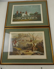 2 Kunstdrucke Jagdszene Treibjagd in Holzrahmen Deko Stiche Mä-314