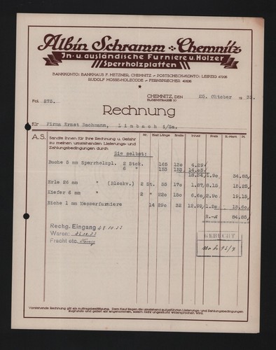 Chemnitz rechnung 1933 albin - chemnitz,, 1933,