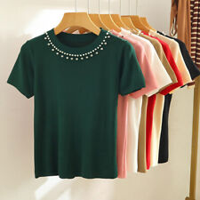 Strick T-Shirt Damen Oberteil Einfarbig Sommer Kurzarm Perlen Casual Dünne Tops
