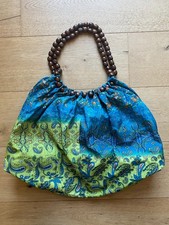 Beutel Tasche im Boho / Ethno Stil mit Holzperlen Paisley Muster Blau / Grün