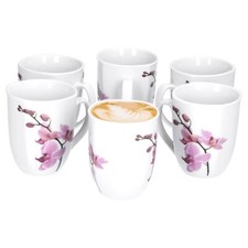 6er Set Kaffeebecher Kyoto Orchidee 33cl Kaffeetasse Tasse Becher weiß Porzellan