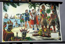 Schulwandkarte retro Rollbild vintage Poster Christoph Kolumbus Ankunft Amerika