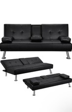 2 x 3er Sofa Schlafsofa Kunstleder mit Getränkehalter Schlafcouch Schwarz