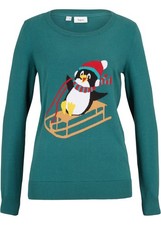 Feinstrick-Weihnachtspullover Gr 52/54 Petrolgrün Damen Langarm Strick-Pulli Neu