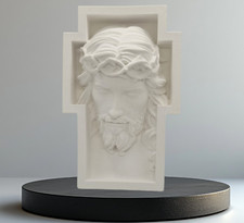 Jesus Christus Gesicht  Kreuz 3d, Keraflott, Handmade, Skulptur, weiss