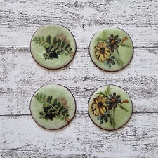 1970er 4 Stk Kreis Emaille Farn Blüten bunt Natur Schmuck Basteln Vintage Retro