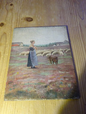 Ölbild, Schäferin mit Schafherde,Schafe, Hund, Lüneburger Heide, Leinwand a Holz