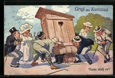 AK Raus muß er!, Toilettenhumor, wütende Menge attackiert Plumpsklo 1931 