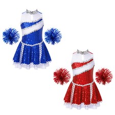 Kinder Mädchen Kleid Mit Pom Poms Glänzend Cheerleading Party Uniform Champion