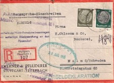 1938, Adressträger für ein WARENPROBE-EINSCHREIBEN ab STUTTGART-FEUERBACH nach S