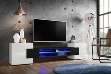 NEU komodee Merano TV Schrank Lowboard, Eiche Weiß Schwarz, Glas 2 Tür Beine LED